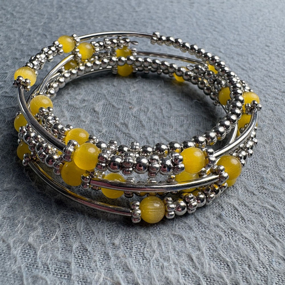 Silver Tone Yellow Cat's Eye Bead Multi Layer Memory Wire Wrap Bracelet